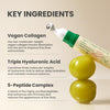 Key ingredients of the vegan collagen eye serum: Vegan Collagen, Triple Hyaluronic Acid, and 5-Peptide Complex. The product is pictured next to green grapes.