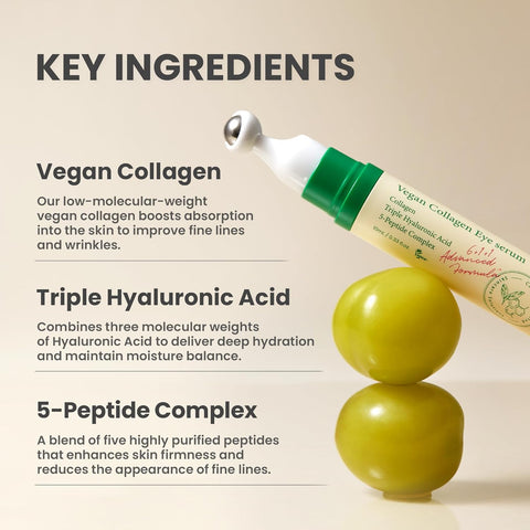 Key ingredients of the vegan collagen eye serum: Vegan Collagen, Triple Hyaluronic Acid, and 5-Peptide Complex. The product is pictured next to green grapes.