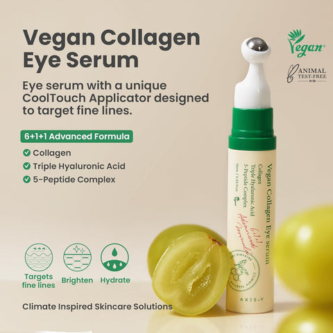 Main product feature graphic for Vegan Collagen Eye Serum, highlighting benefits like hydration, brightening, and fine line care. Product is labeled with vegan and cruelty-free certification.