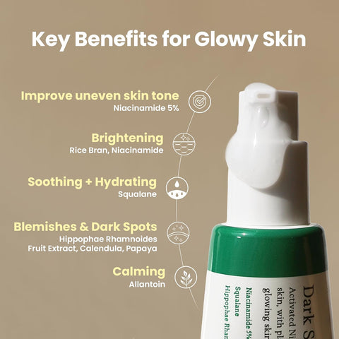 AXIS-Y Dark Spot Correcting Glow Serum key benefits for glowy skin. Highlights: improves uneven skin tone with Niacinamide 5%, brightens with Rice Bran and Niacinamide, soothes and hydrates with Squalane, reduces blemishes and dark spots with Sea Buckthorn, Calendula, and Papaya, and calms skin with Allantoin. Product pump shown at bottom right.