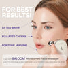 A woman using a BALLOM Microcurrent Facial Massager on her face. Text on the image highlights 'For Best Results' and points to the benefits of the product: lifted brow, sculpted cheeks, and contoured jawline. Additional text at the bottom suggests using the massager for just 10 minutes a day to start a new skincare routine.