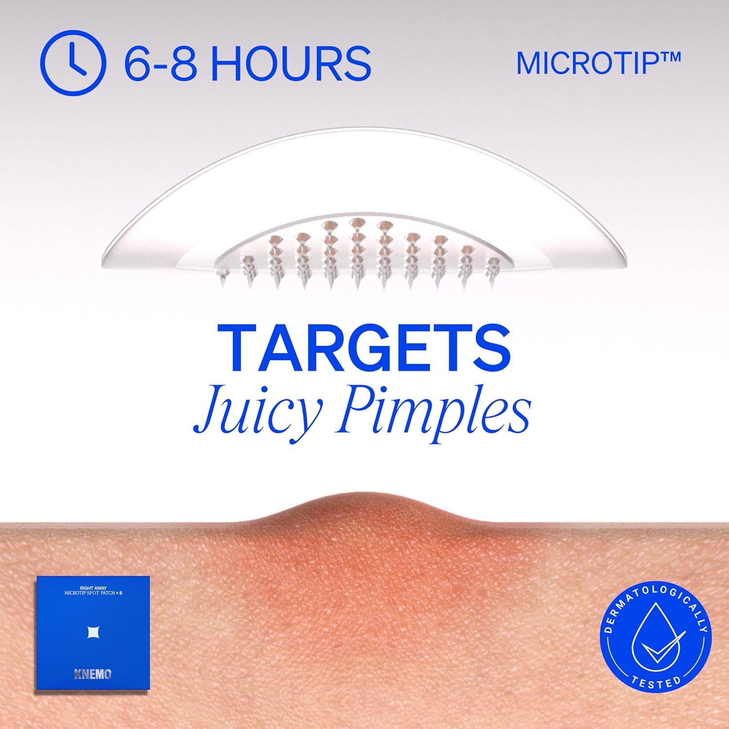 KNEMO microtip patch with label '6–8 HOURS' and 'MICROTIP™'. Main text says 'TARGETS Juicy Pimples'. Dermatologically tested badge shown with visual of patch penetrating a swollen pimple