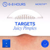 KNEMO microtip patch with label '6–8 HOURS' and 'MICROTIP™'. Main text says 'TARGETS Juicy Pimples'. Dermatologically tested badge shown with visual of patch penetrating a swollen pimple