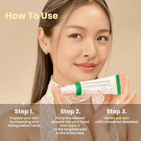 Model holding AXIS-Y Dark Spot Correcting Glow Serum with instructions on how to use. Step 1: Prepare your skin by cleansing and toning beforehand. Step 2: Pump the desired amount into your hand and apply it to the targeted area or entire face. Step 3: Gently pat skin until fully absorbed.