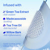 Infused with Green Tea Extract (Anti-oxidant), Madecassoside (Soothing), Tea Tree Oil (Anti-bacterial), and Willow Bark (Anti-inflammatory). Gentle soothing action without the scarring. Image shows a close-up of microtip pimple patch infused with active ingredients.
