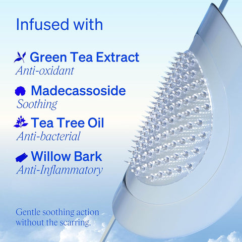 Infused with Green Tea Extract (Anti-oxidant), Madecassoside (Soothing), Tea Tree Oil (Anti-bacterial), and Willow Bark (Anti-inflammatory). Gentle soothing action without the scarring. Image shows a close-up of microtip pimple patch infused with active ingredients.