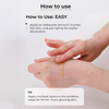 A pair of hands applying a clear serum to the skin. The text describes how to use the serum: apply an adequate amount to prepared skin and pat gently for absorption. A tip suggests applying multiple layers to problem areas for firmer, more glowing skin.