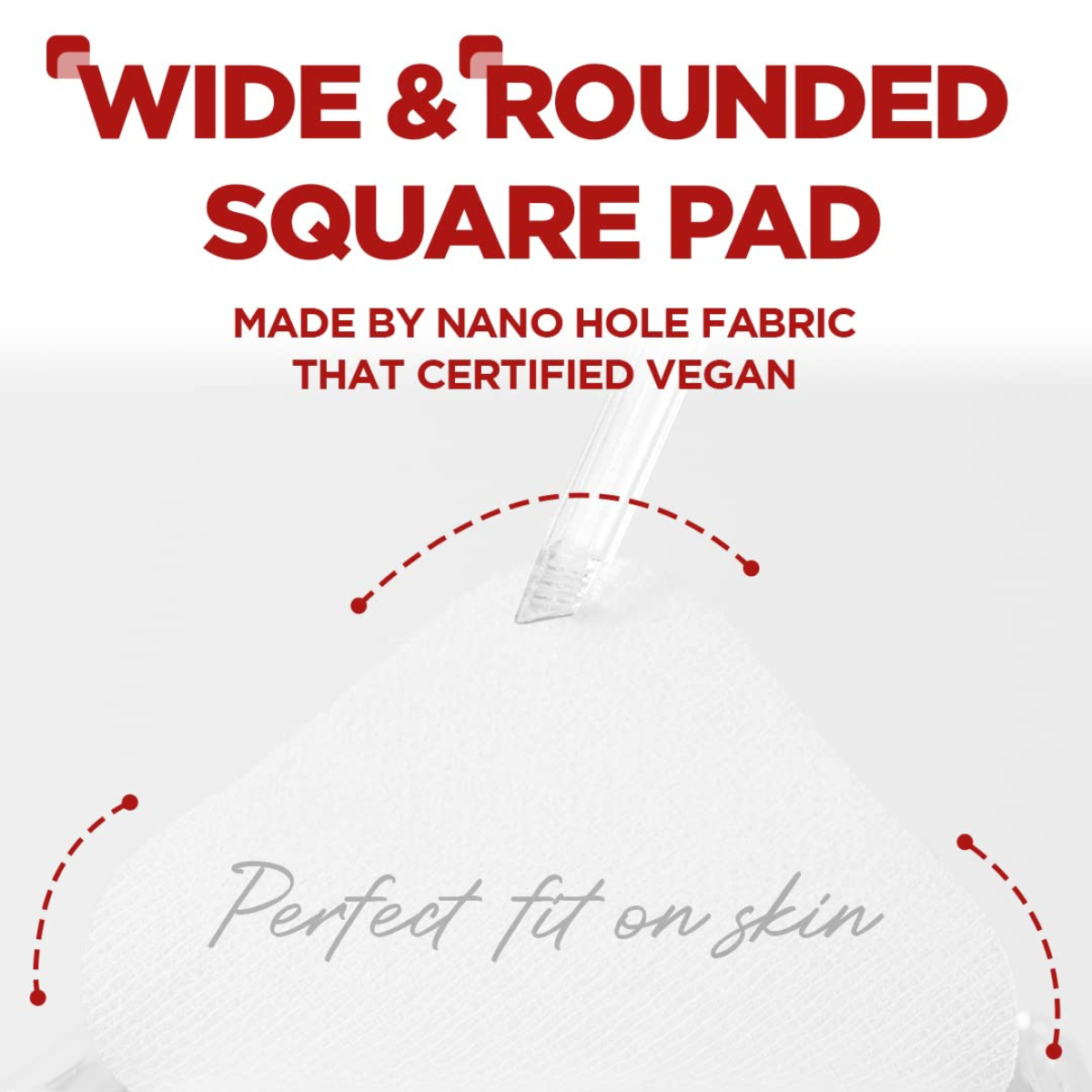 A close-up of a white, square facial peeling pad. The pad is made of a nano-hole fabric and is certified vegan. The text 