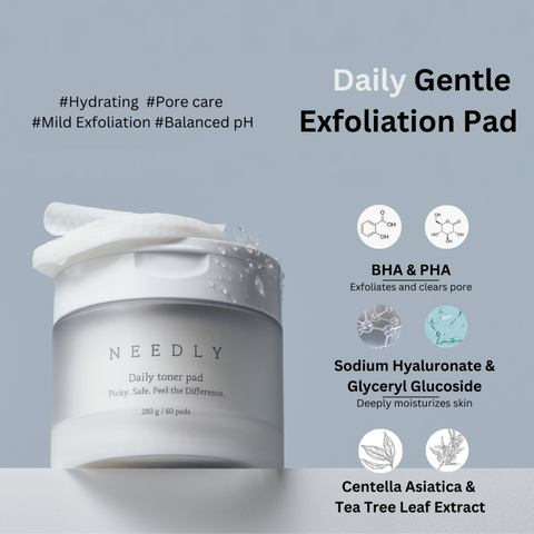 A promotional image of NEEDLY Daily Toner Pad, a gentle exfoliating pad designed for hydration, pore care, and balanced pH. The product container is shown with a few pads resting on top, with water droplets on the packaging. The text highlights key ingredients like BHA & PHA for exfoliation, Sodium Hyaluronate & Glyceryl Glucoside for deep hydration, and Centella Asiatica & Tea Tree Leaf Extract for soothing effects.