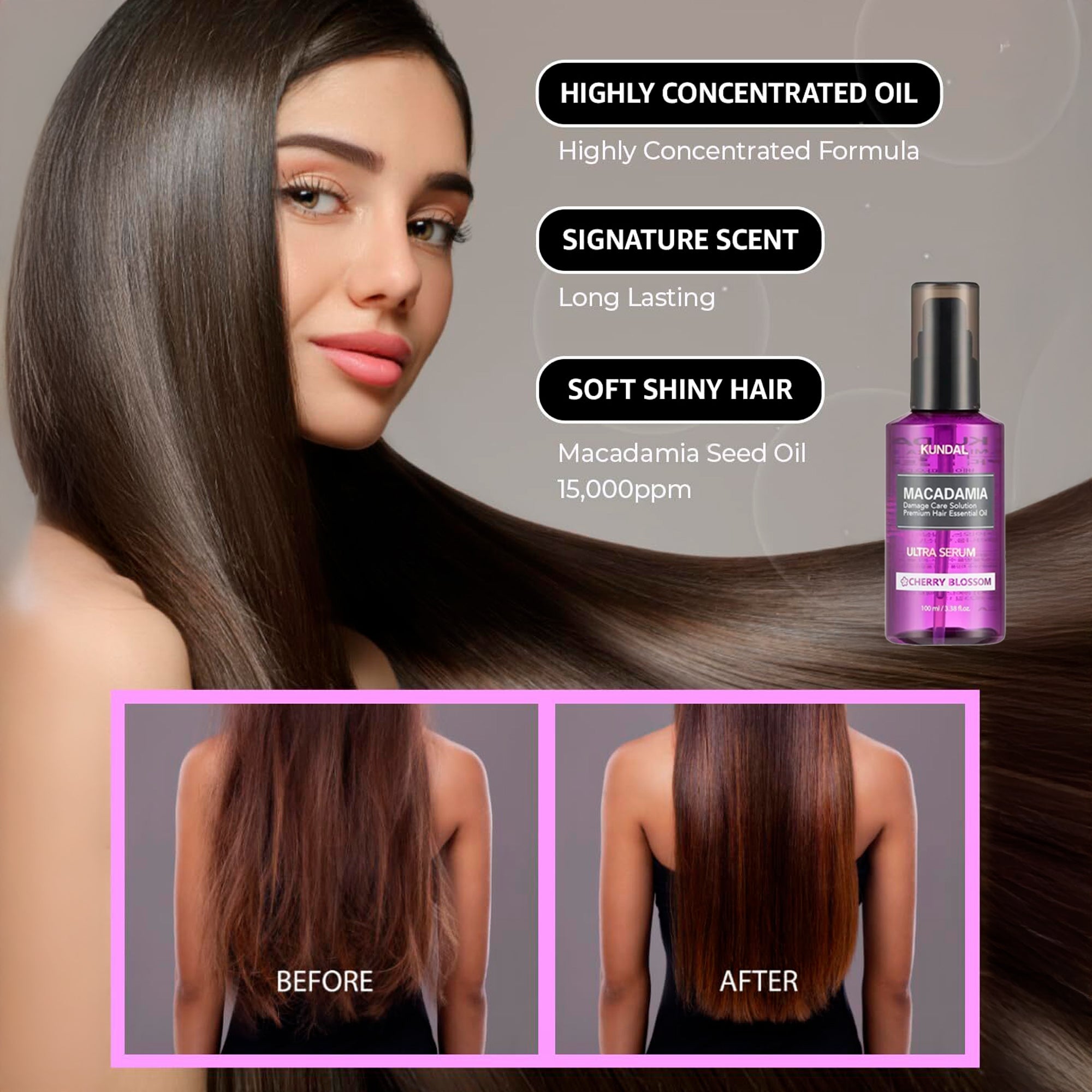 Highly concentrated formula oil. Long lasting signature scent. Macadamia seed oil 15,000 ppm for soft shiny hair. The image shows before and after. 