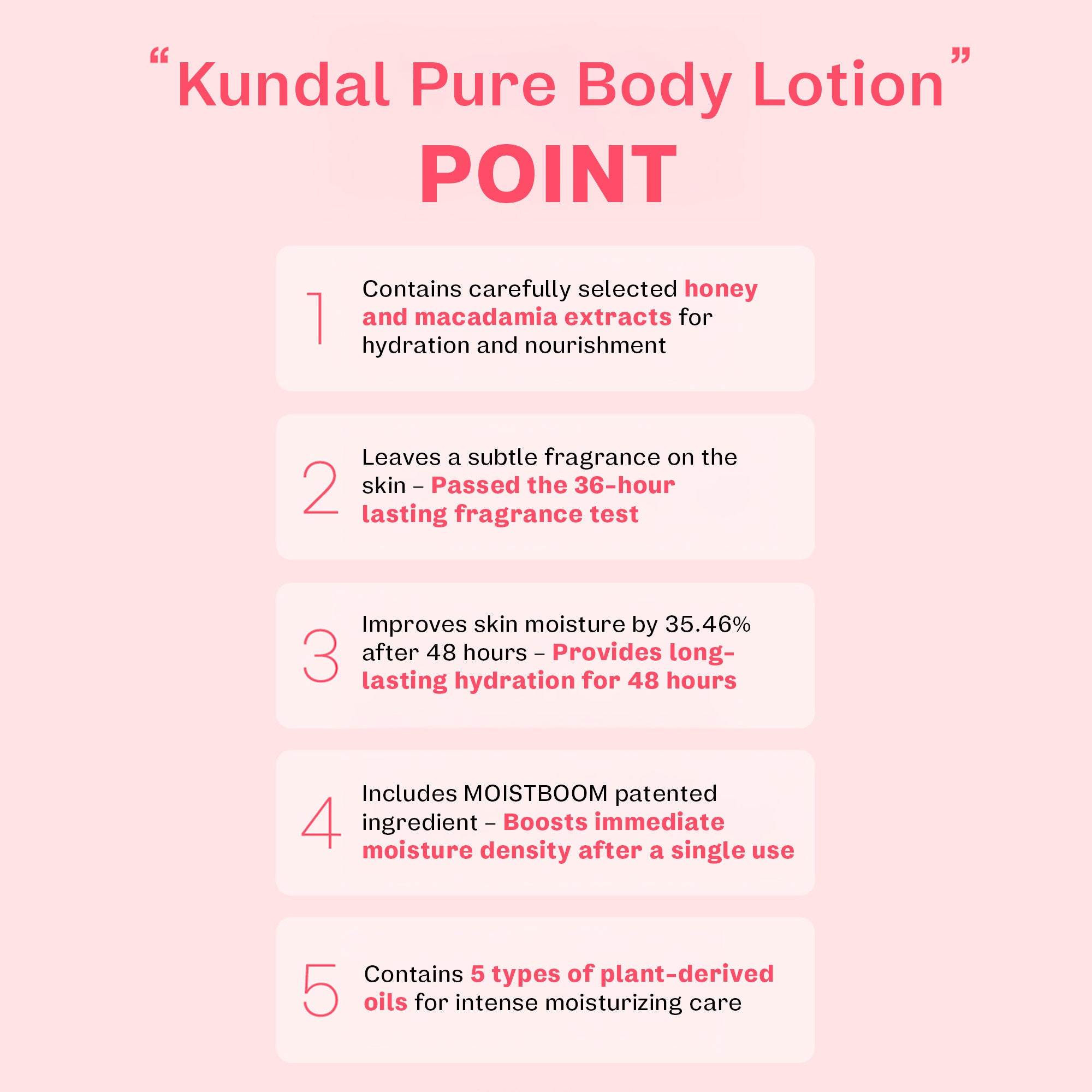 kundal pure body lotion point. 1. Contains carefully selected honey and macadamia extracts for hydration and nourishment. 2. Leaves a subtle fragrance on the skin. Passed the 36 hour lasting fragrance test. 3. Improves skin moisture by 35.46% after 48 hours. 4. Includes moistboom patented ingredient. Boosts immediate moisture density after a single use. 5. Contains 5 types of plant-derived oils for intense moisturizing care. 