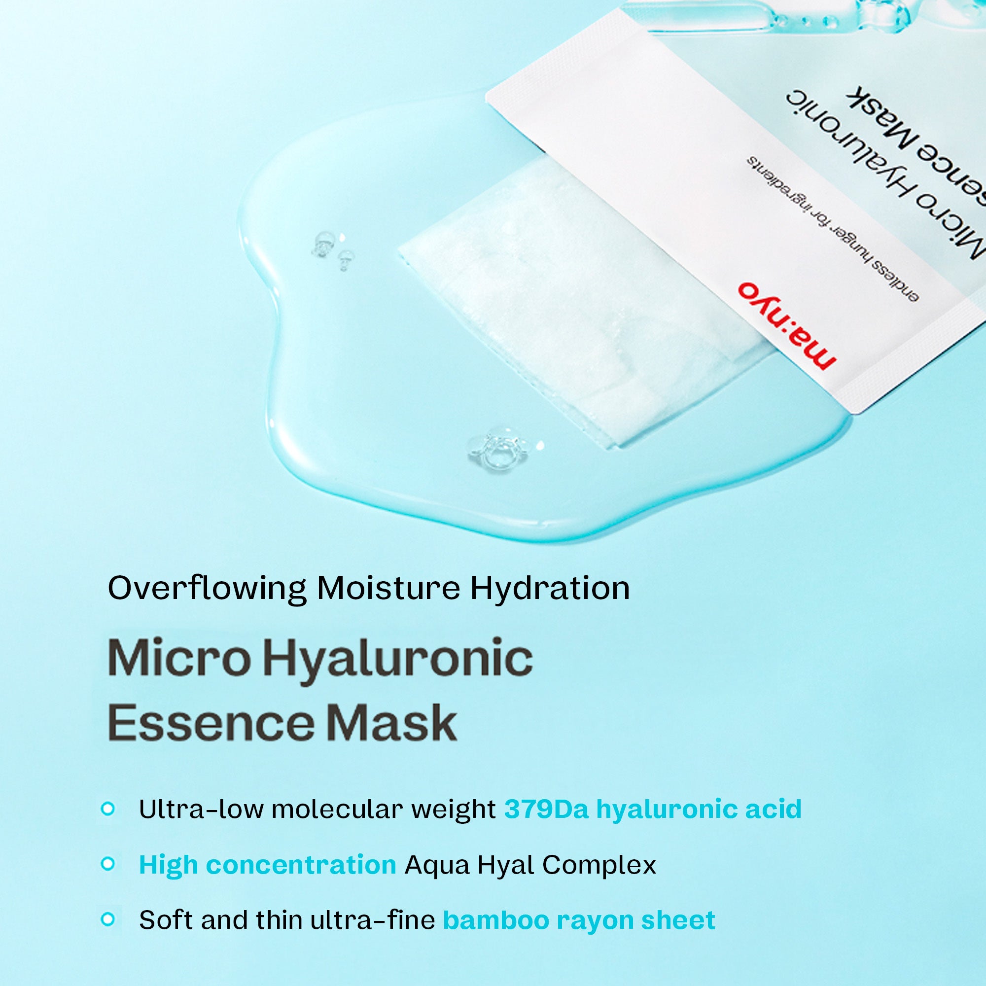 Promotional visual for ma:nyo's Micro Hyaluronic Essence Mask showcasing the mask sheet and liquid essence, with key features including 379Da hyaluronic acid, high concentration Aqua Hyal Complex, and ultra-fine bamboo rayon sheet.