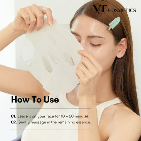 VT Cosmetics Cica Daily Soothing Mask: How to Use. 1. Leave it on your face for 10-20 minutes. 2. Gently massage in the remaining essence. 